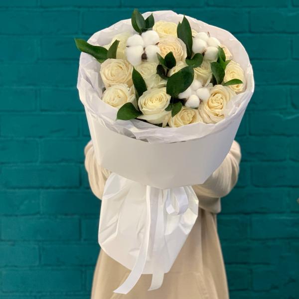 Роза и хлопок "Пушистое облако"