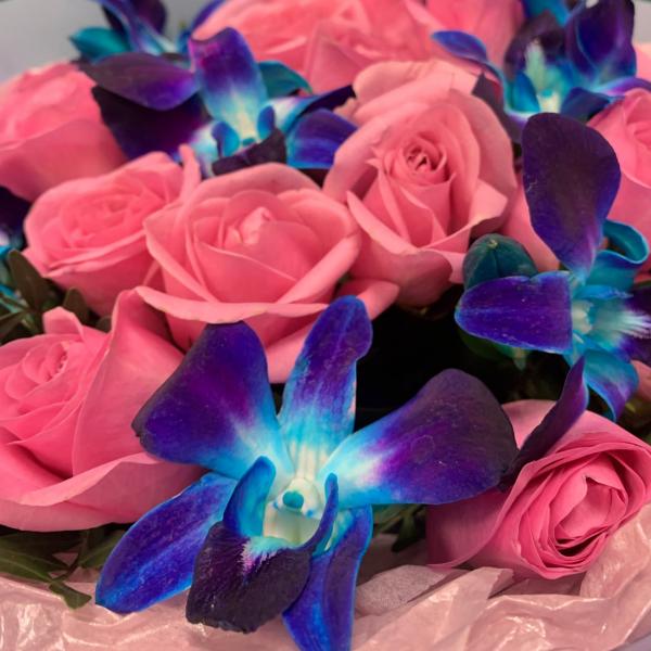 фото Розовой розы и дендробиума "Кислый мармелад"