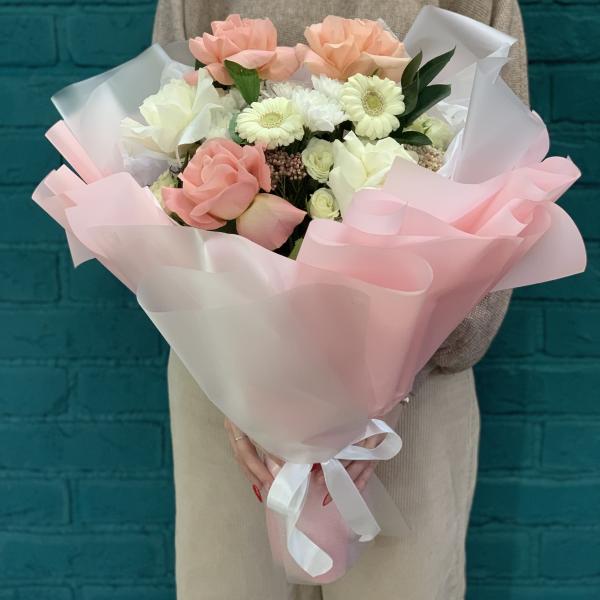 Французская роза и гербера "Весенний день"